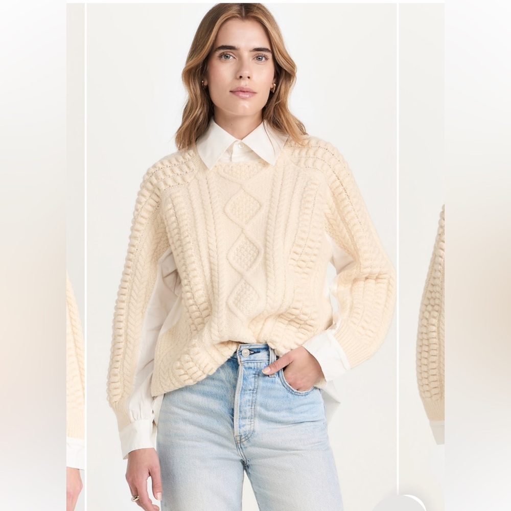 Sea New York Leni Wool Cablemknit Sweater Shirt Combo Cream Knit Size Small